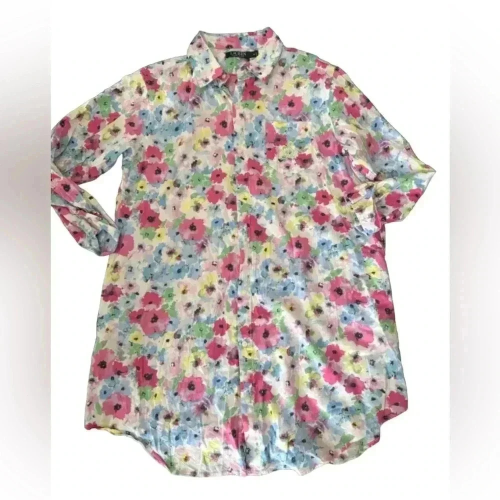 Lauren‎ by Ralph Lauren Button Up Tunic, Floal, Vibrant, RL crest, size medium